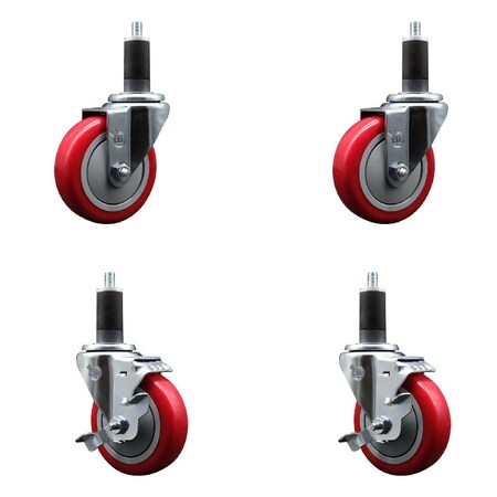 Service Caster 4'' Red Poly Wheel Swivel 1-1/4'' Expanding Stem Caster Set 2 Brakes, 4PK SCC-EX20S414-PPUB-RED-2-TLB-2-114